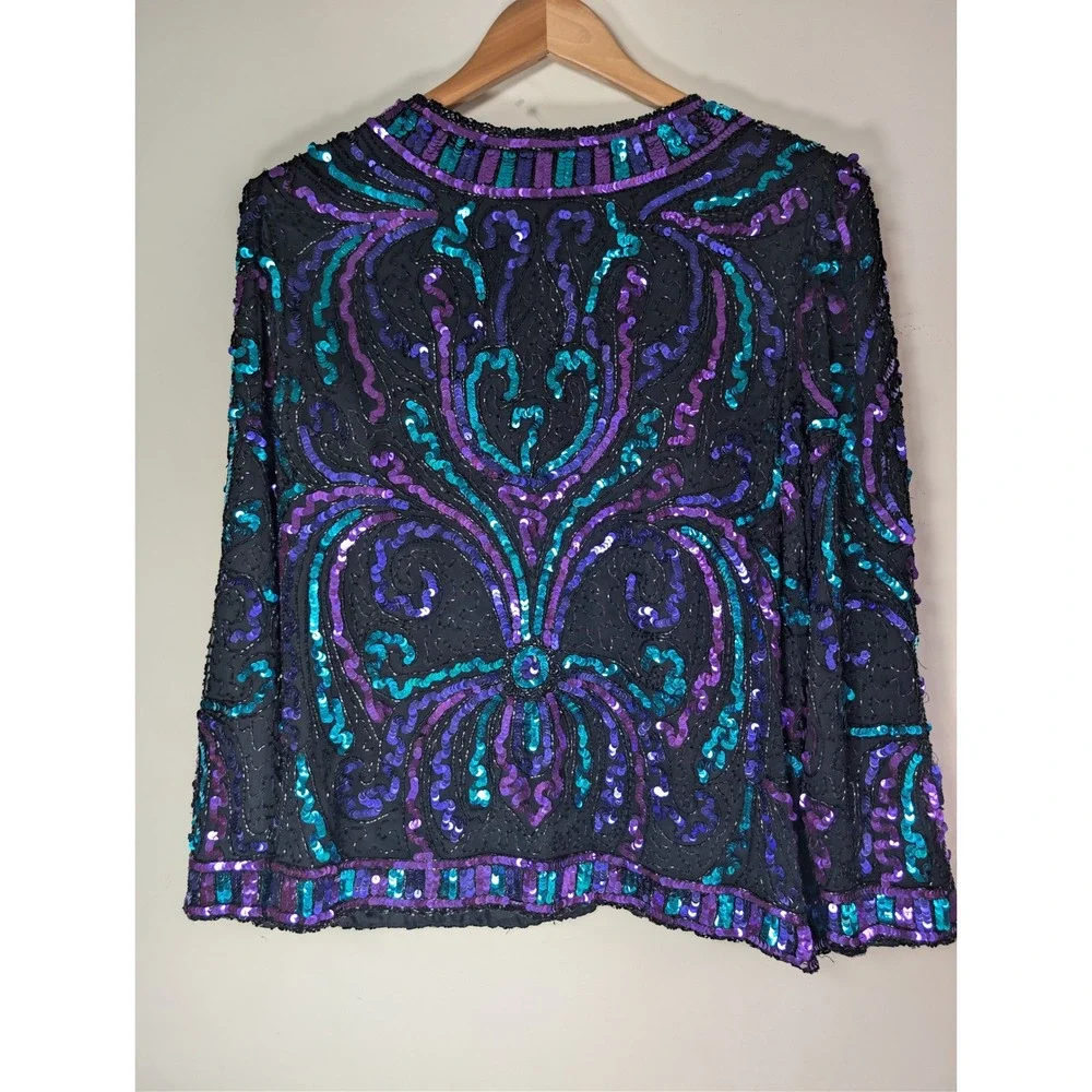 Laurence Kazar Vintage Sequin Beaded Jacket Purple Teal Black Open‎ Front Blazer
